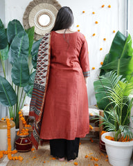 Maroon Chanderi A-line kurta dupatta set