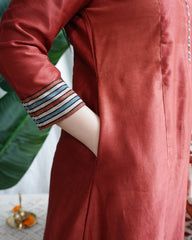 Maroon Chanderi A-line kurta dupatta set