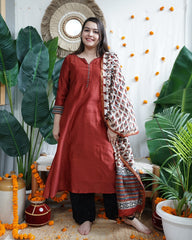 Maroon Chanderi A-line kurta dupatta set
