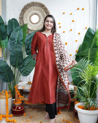 Maroon Chanderi A-line kurta dupatta set