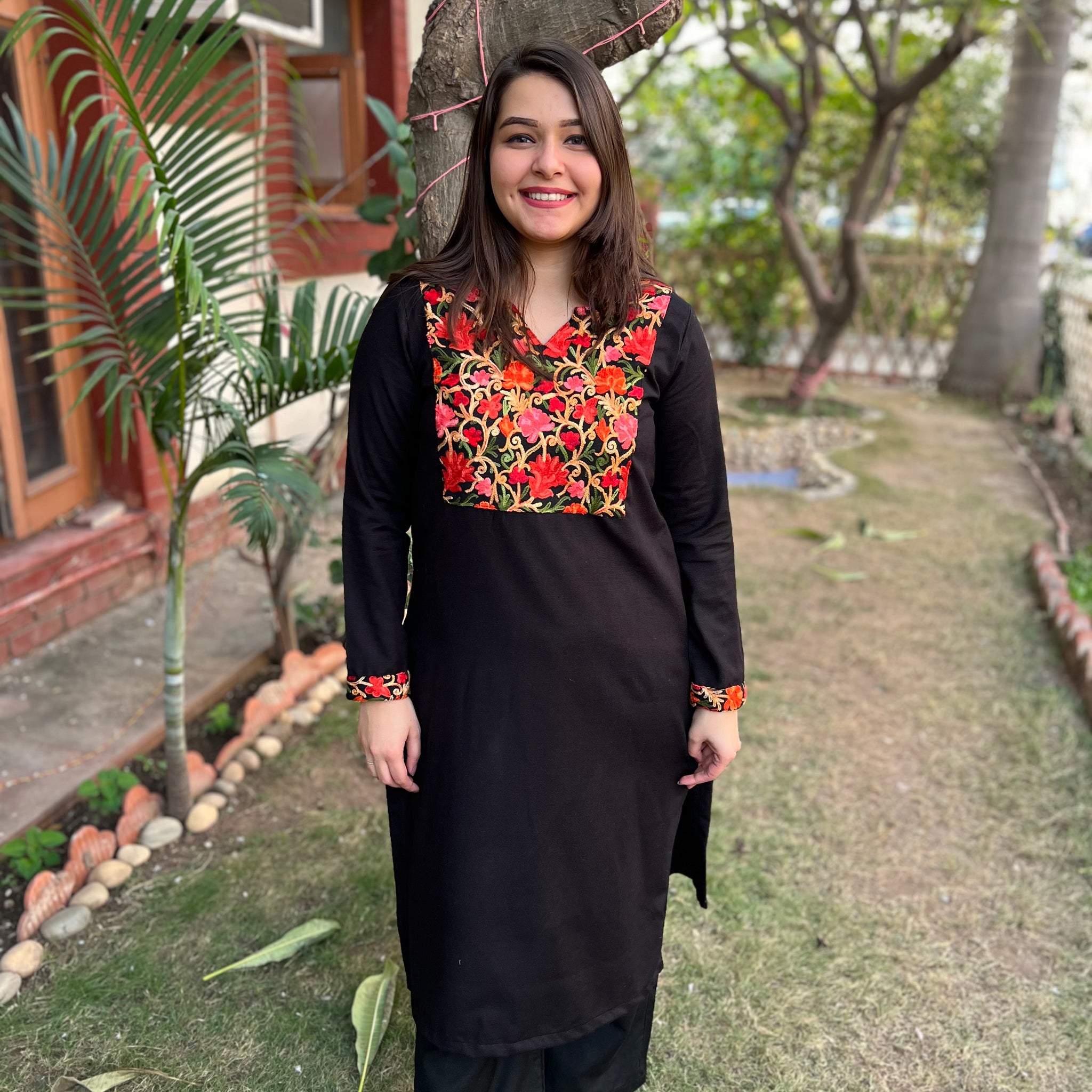 Black woollen embroidered Yoke kurta