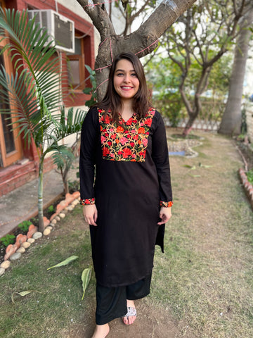 Black woollen embroidered Yoke kurta