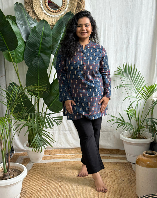 Blue Handblock Leaf Ajrakh print kurti