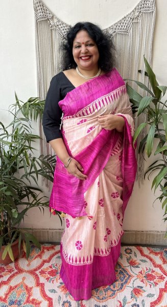 Magenta Flower Tussar Silk saree