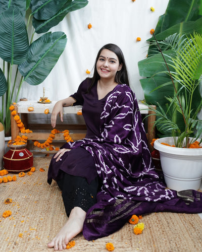 Purple Bandhani Modal Kurta Dupatta Set