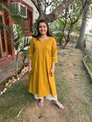 Mustard A-Line kurta with Scarf