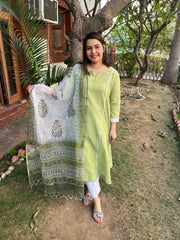 Pista green A-line kurta with Handblock duppata