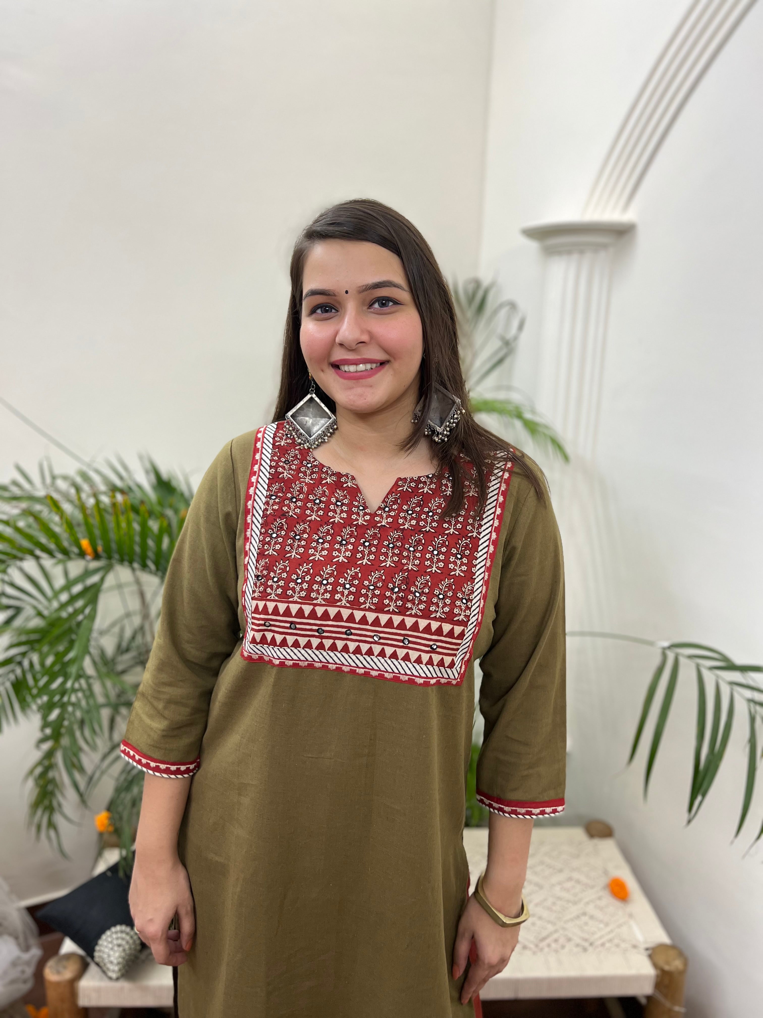 Mehendi embroidered yoke Long kurta - MYSANSKRITAM