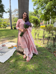 Peach grey floral handblock full suit set