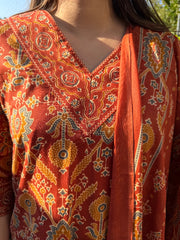 Rust Floral Full Suit Set neck detailing by Sanskritam