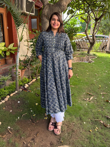 Dark Blue Floral Pintucks A-line Kurta