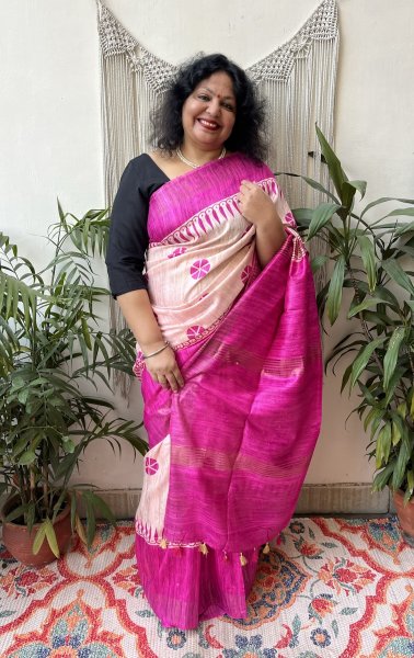 Magenta Flower Tussar Silk saree - MYSANSKRITAM