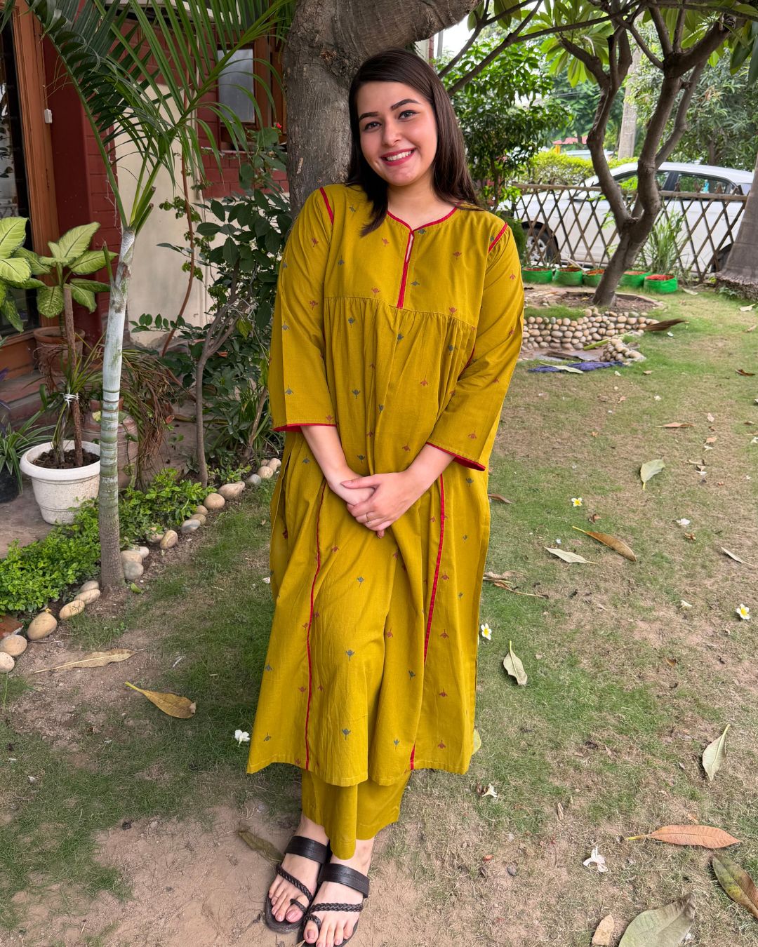 Mustard buti gather style Coord set