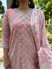 Peach grey floral handblock full suit set