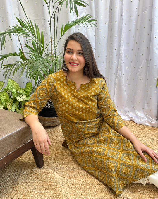 Mustard Geometric Yoke Kurta