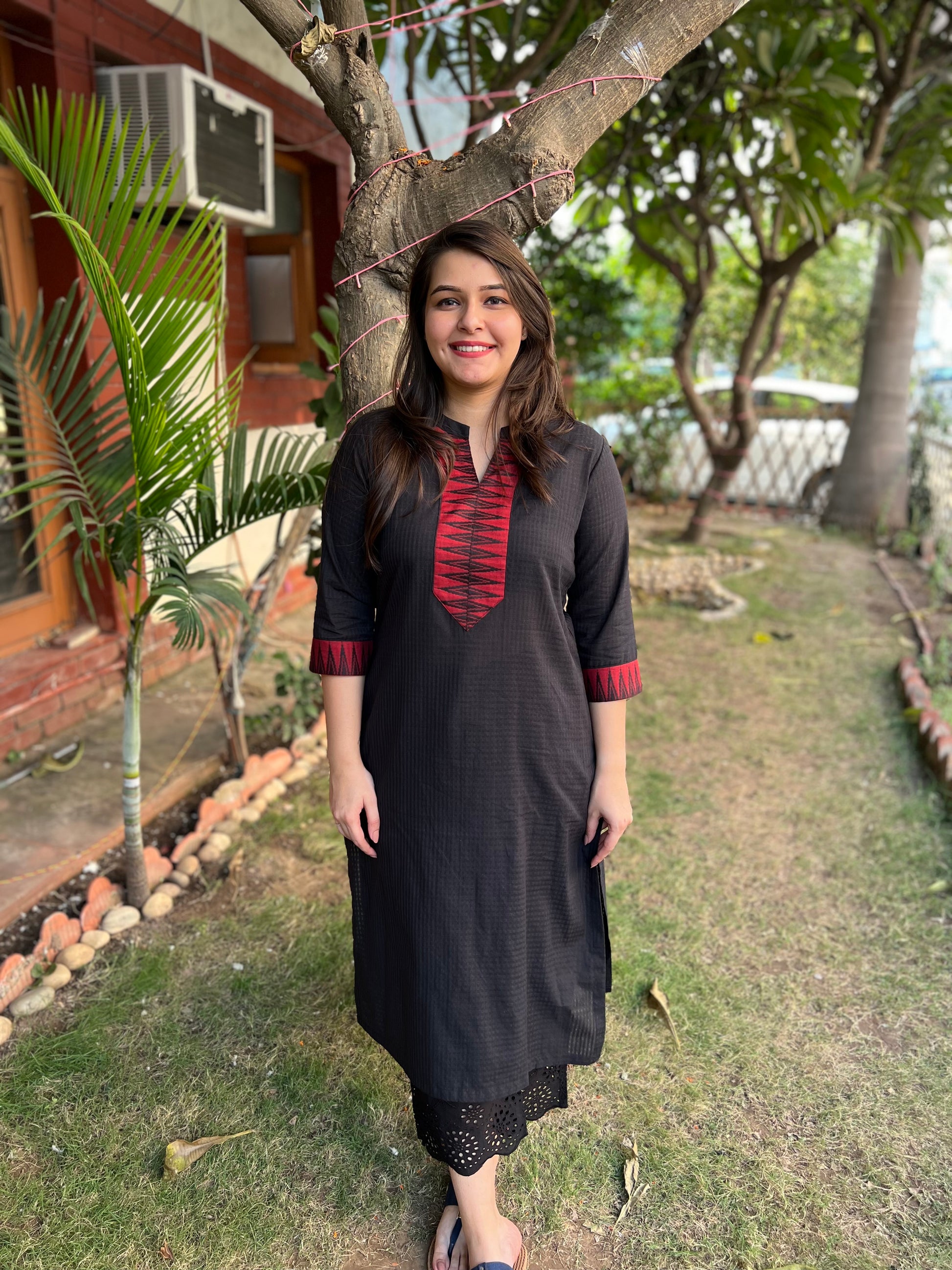 Black Border kurta with South cotton ajrakh duppata - MYSANSKRITAM