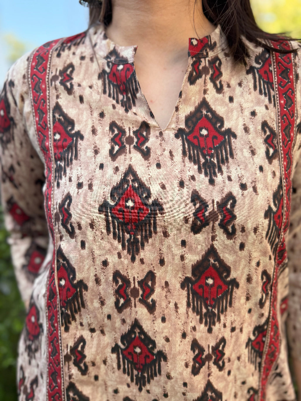 Beige Ikkat Print Aline Kurta close up by Sanskritam