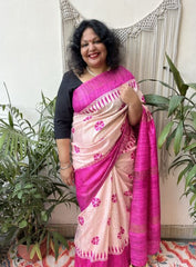 Magenta Flower Tussar Silk saree - MYSANSKRITAM