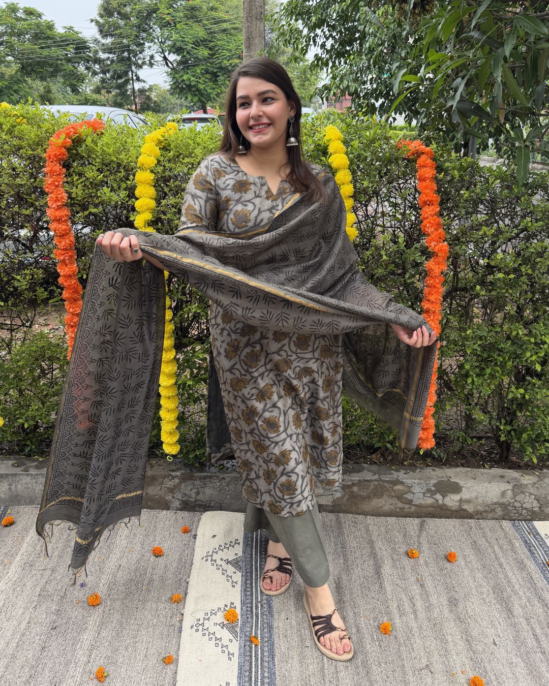 Grey floral jaal Chanderi full suit set