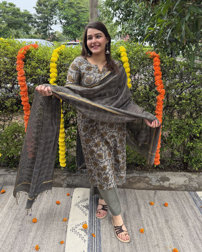 Grey floral jaal Chanderi full suit set