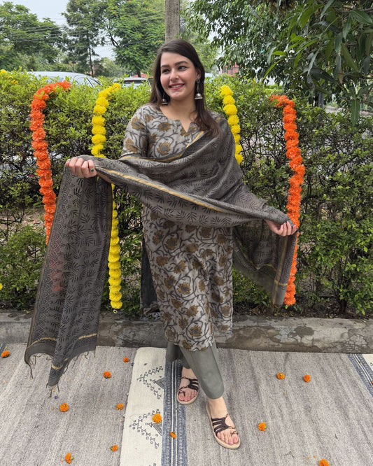 Grey floral jaal Chanderi full suit set