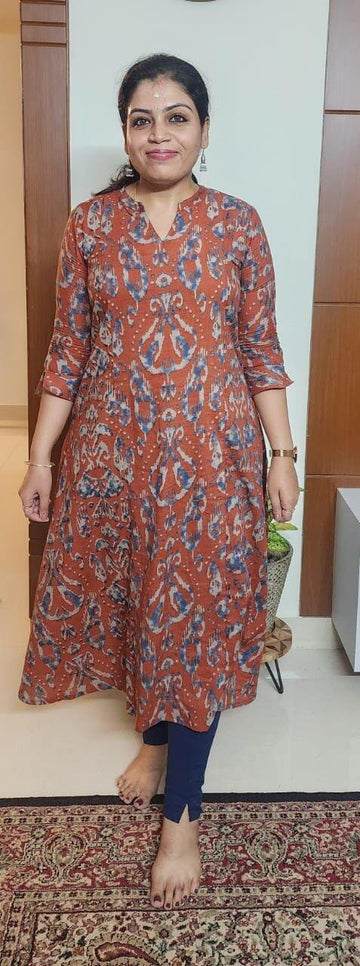 Rust geometric A-line kurta with pocket