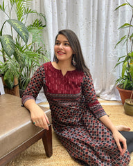 Grey Maroon Geometric yoke kurta