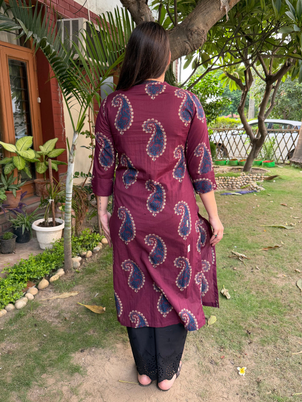 Mulberry Maroon Ambi Kurta from the back by Sanskritam