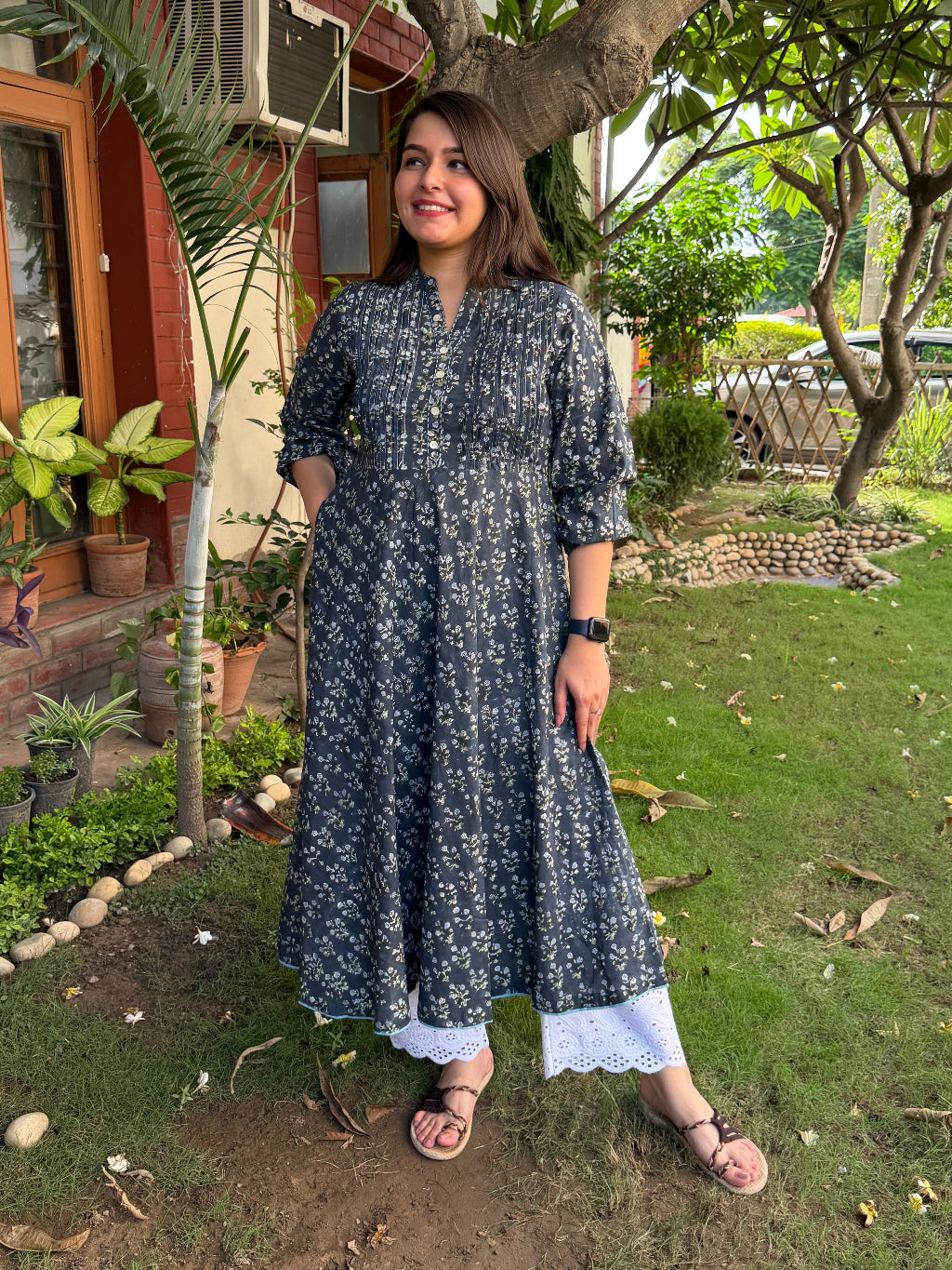 Dark Blue Floral Pintucks A-line Kurta by Sanskritam