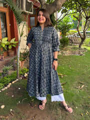 Dark Blue Floral Pintucks A-line Kurta by Sanskritam