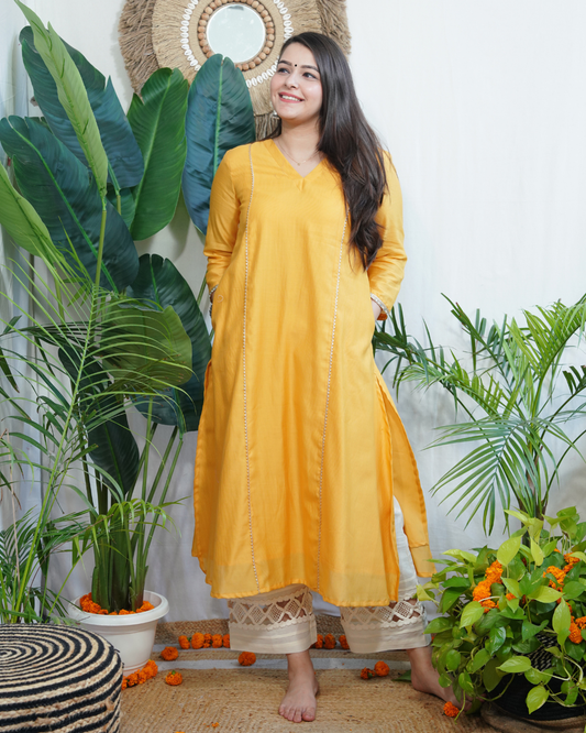 Haldi Textured Chanderi Aline kurta