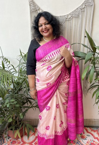 Magenta Flower Tussar Silk saree - MYSANSKRITAM