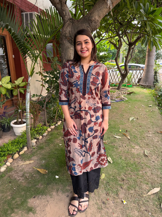 Beige big flower floral kurta