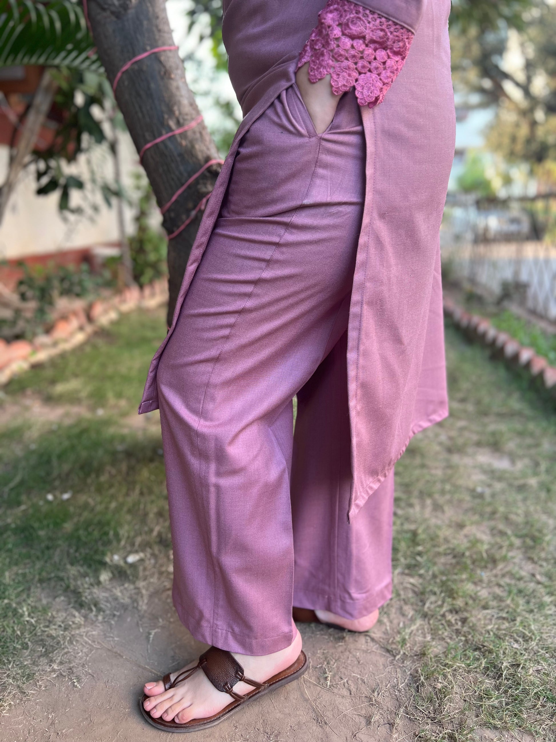 Onion Pink Woollen suit set with Shawl - MYSANSKRITAM