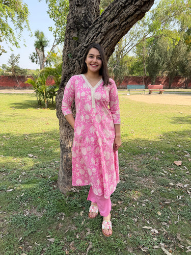 Pink floral Aline coord set with pocket