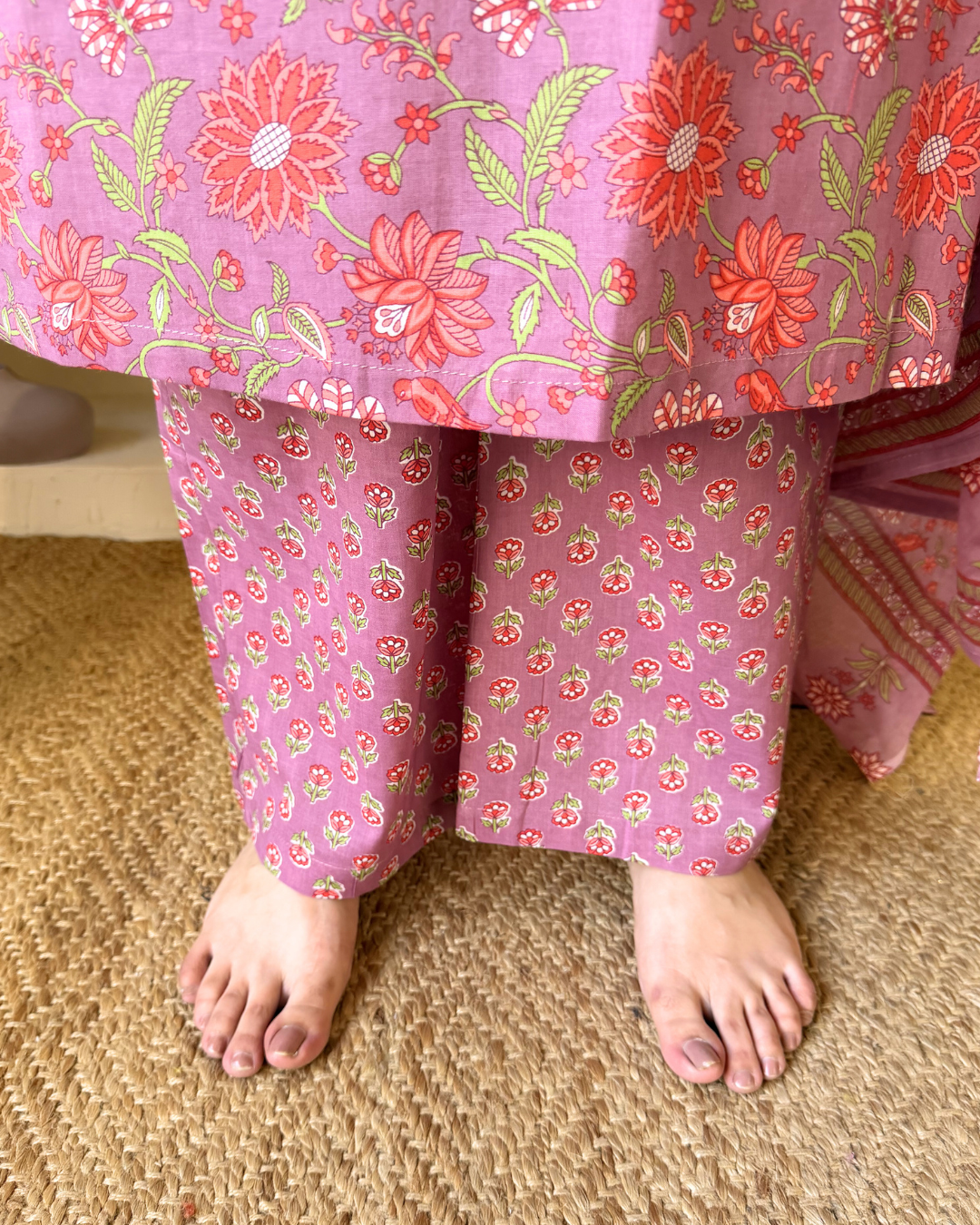 Onion Pink Floral Suit Set Pants by Sanskritam