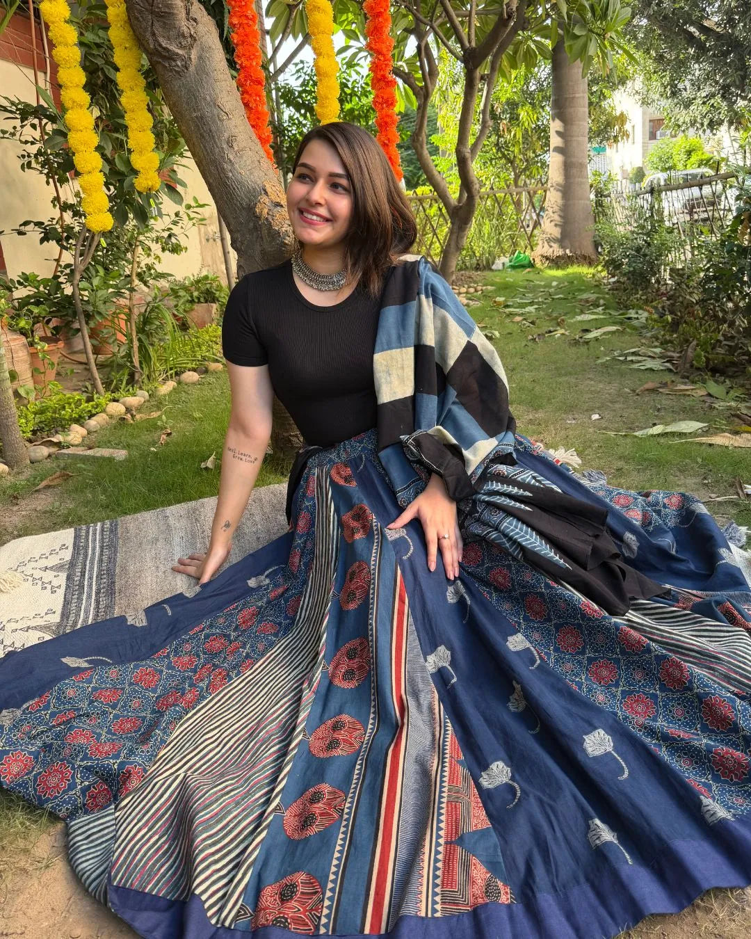 Indigo Multi kali skirt with Ajrakh cotton duppata