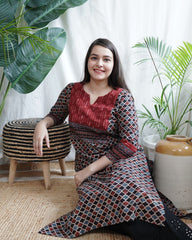 Grey Maroon Geometric yoke kurta