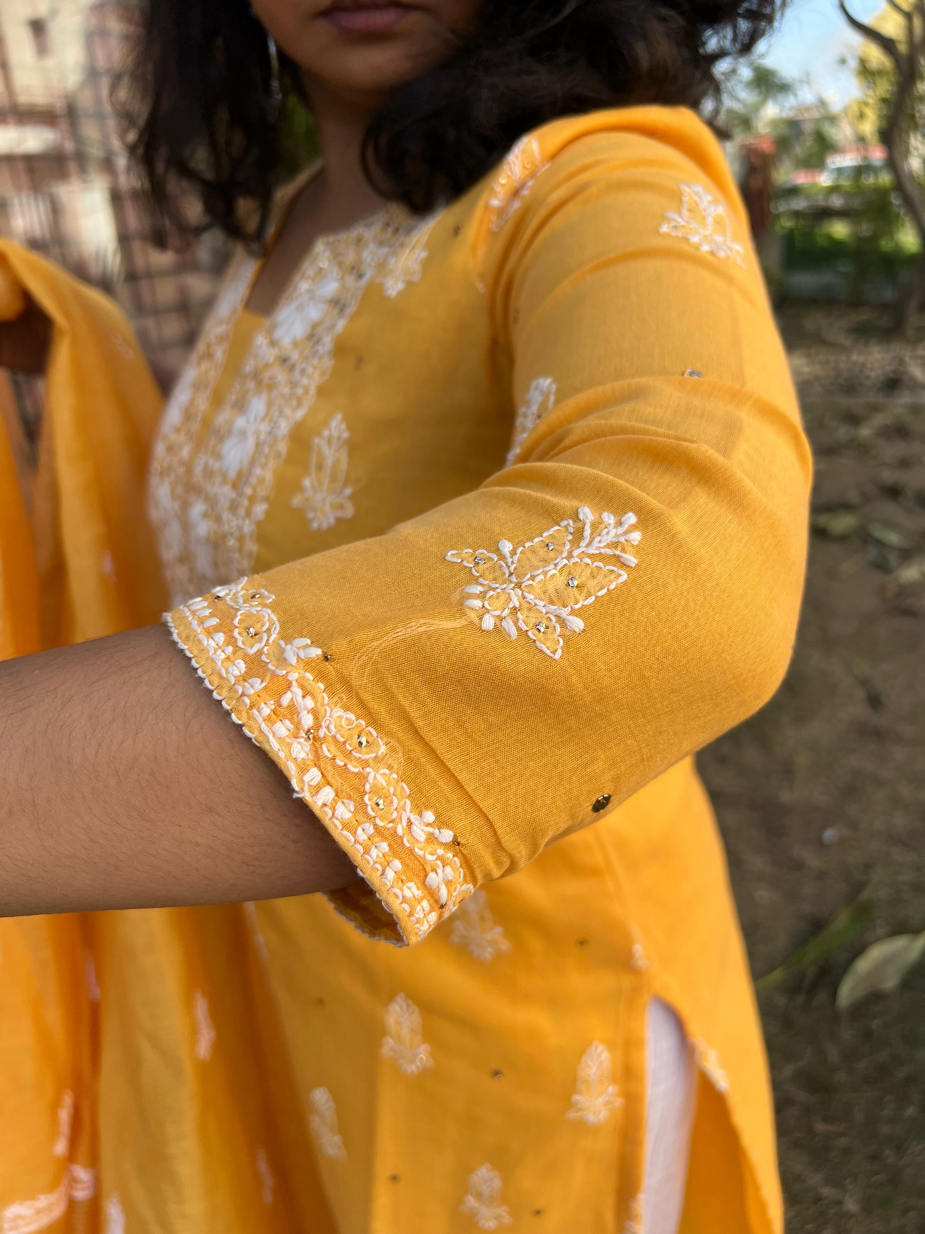 Premium Mustard Lucknowi Hand Embroidered Kurta Duppata Set - Original Lucknowi - MYSANSKRITAM