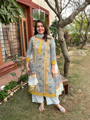 Mustard lace Handblock printed full suit set