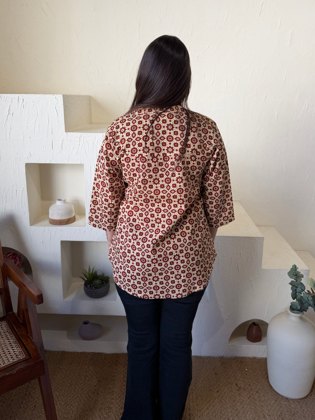 Cream Maroon Geometric Shirt from the back by Sanskritam