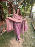 Onion Pink Woollen suit set with Shawl - MYSANSKRITAM