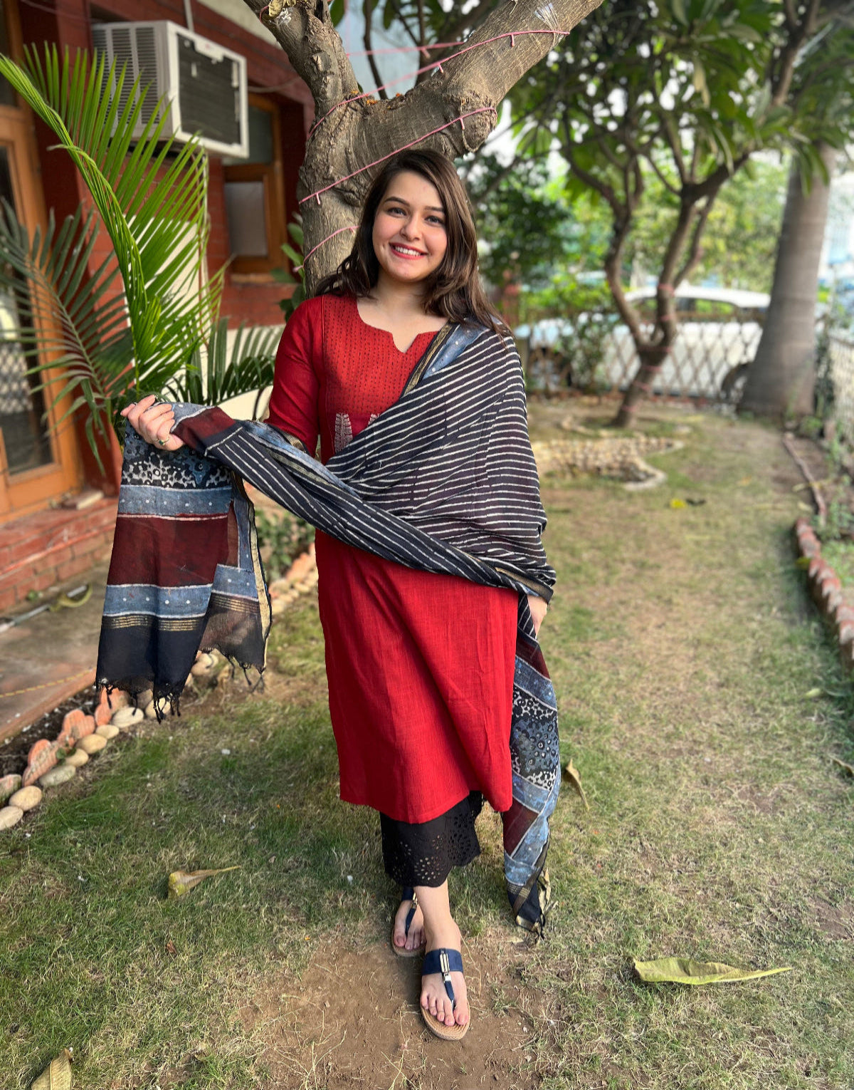 Maroon Basic Kantha Yoke Kurta duppata set - MYSANSKRITAM