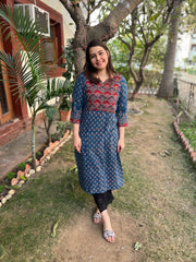 Indigo buti Ajrakh yoke kurta