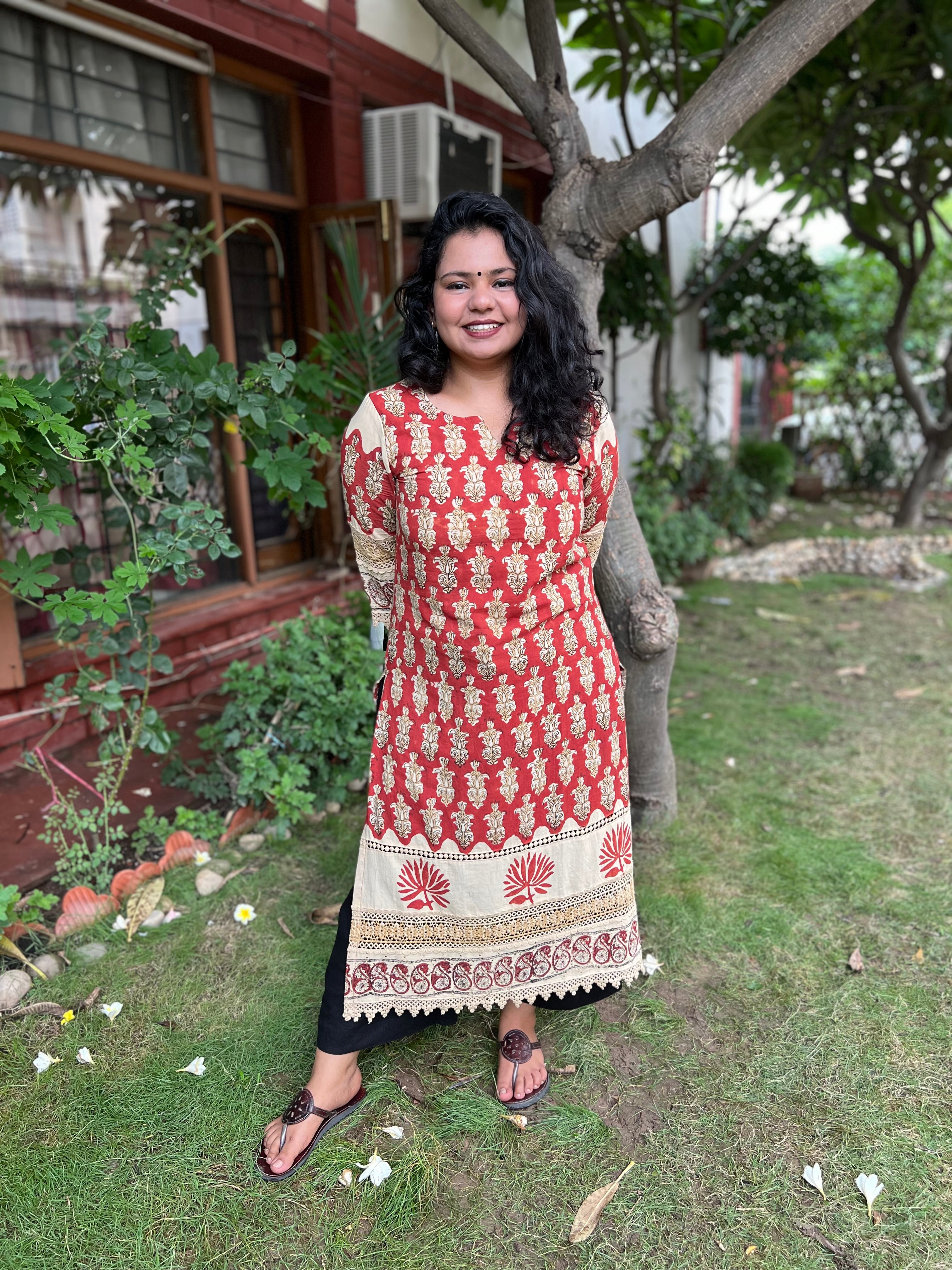 Maroon Bagru lacework kurta - MYSANSKRITAM