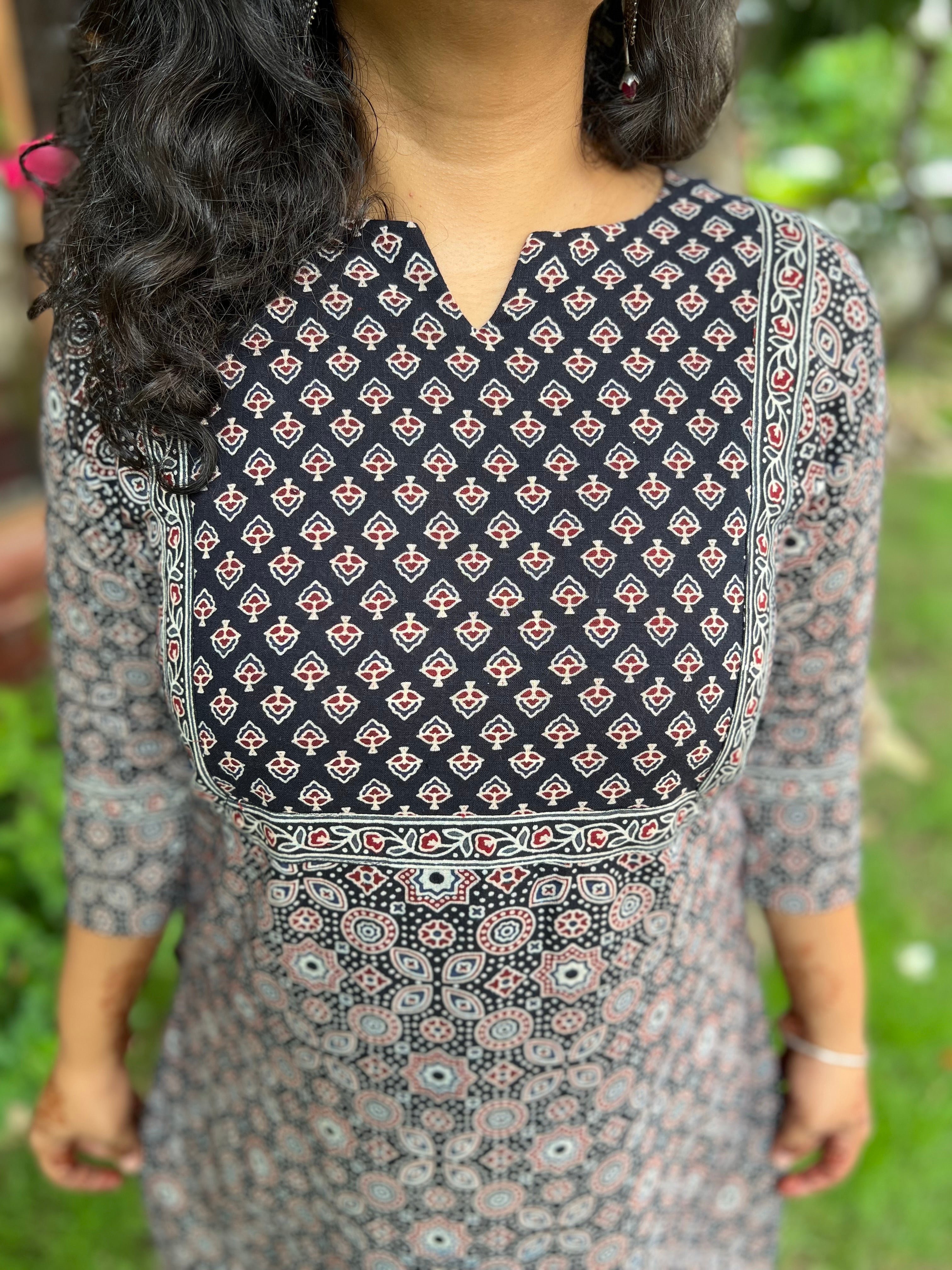 Black Ajrakh geometric yoke kurta Only - MYSANSKRITAM