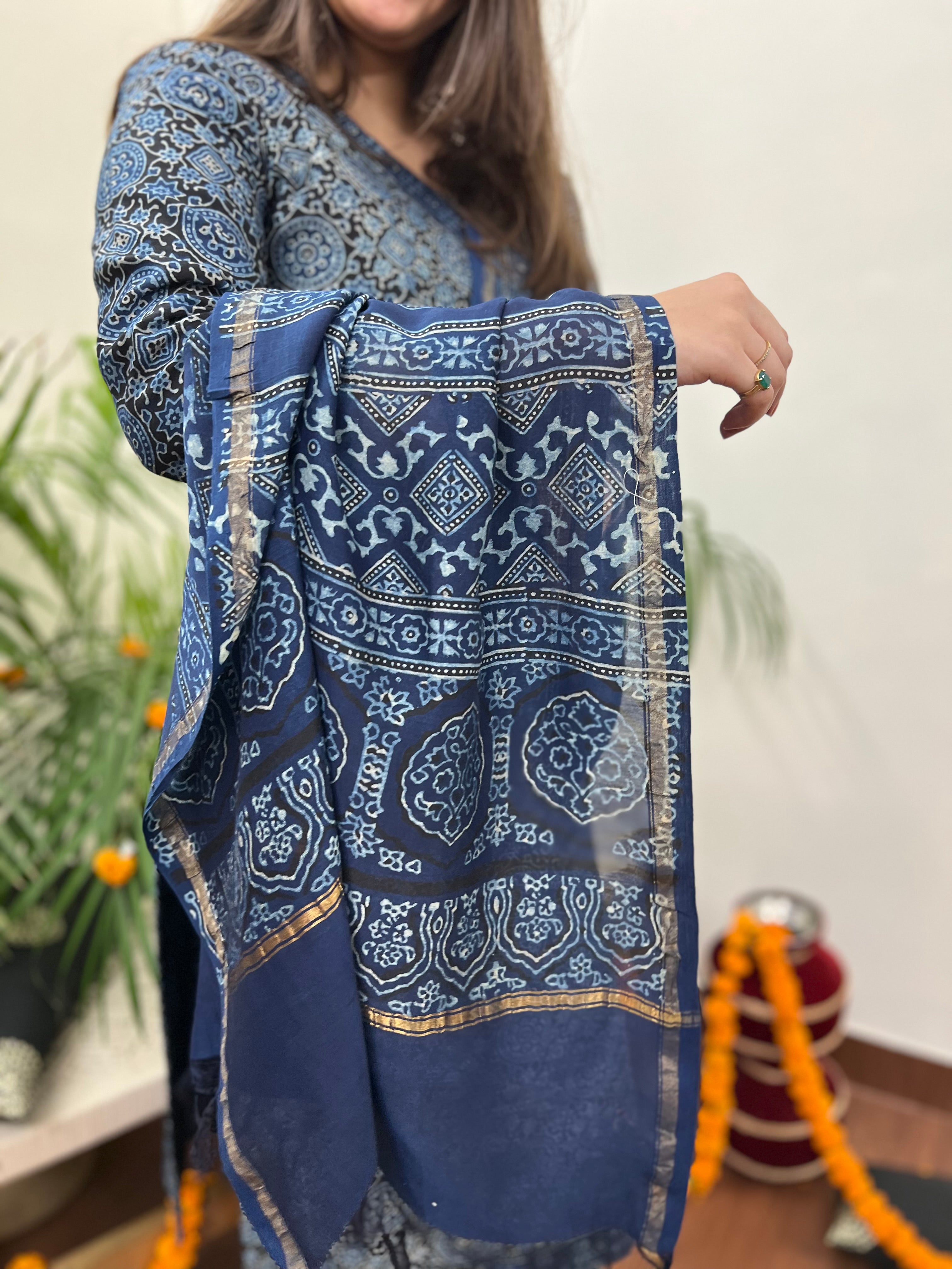 Ajrakh Chanderi Indigo kurta duppata set - MYSANSKRITAM