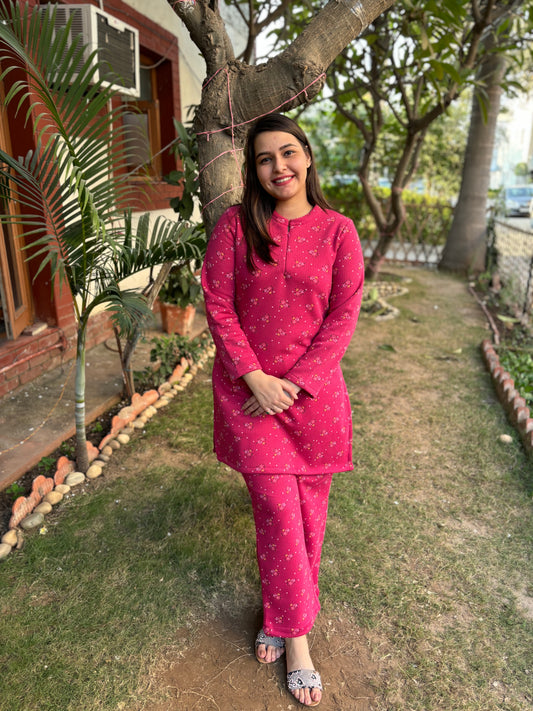 Pink floral fleece woollen fabric kurti top