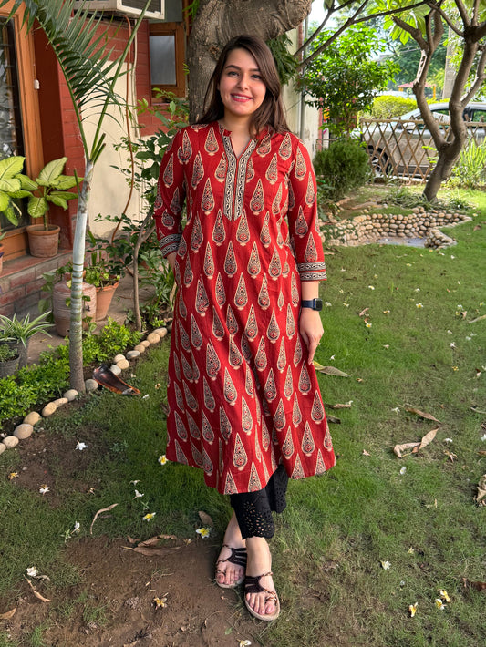 Maroon Leaf A-line Kurta with Pocket by MySanskritam