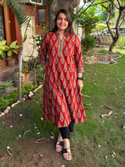 Maroon Leaf A-line Kurta with Pocket by MySanskritam